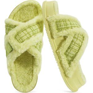 Women's Yellow Fuzzy Furry Faux Fur Cross Band Arch Open Slippers Slides Shoes